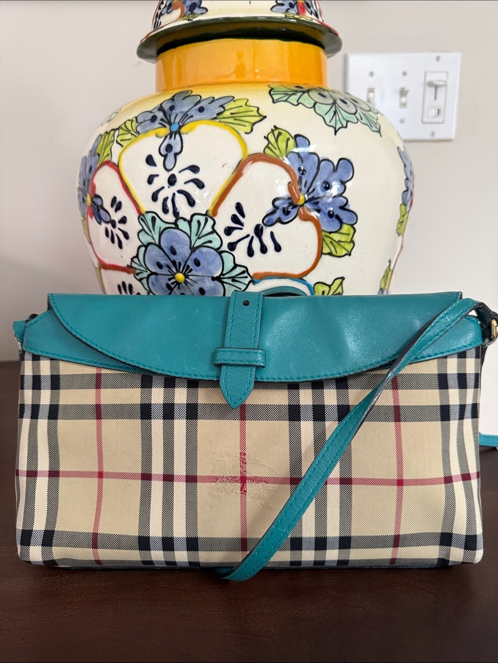 Burberry Teal Trim Vintage Check Crossbody Bag